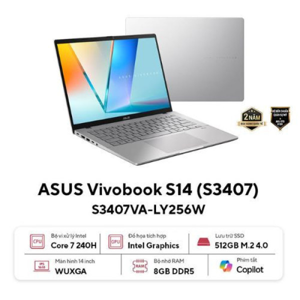 Laptop ASUS Vivobook S14 S3407VA-LY256W (Core™ 7 240H | 16GB | 512GB | Intel® UHD Graphics | 14inch WUXGA | Win 11 | Bạc)