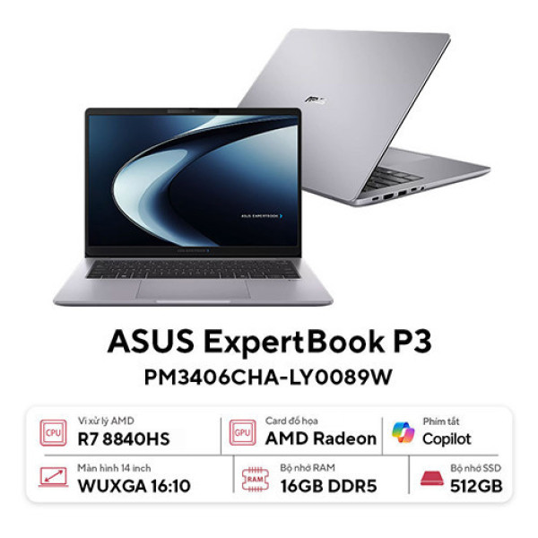 Laptop ASUS ExpertBook P3 PM3406CHA-LY0089W (Ryzen™ 7 8840HS | 16GB | 512GB | AMD Radeon™ 780M Graphics | 14.0inch WUXGA | Win11 | Xám)