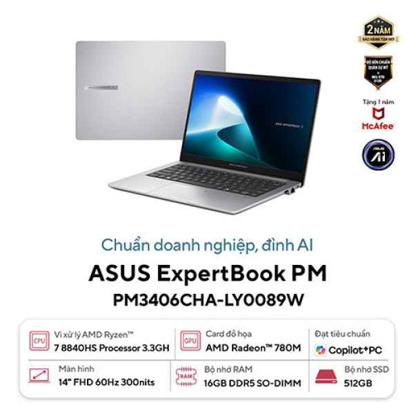 Laptop ASUS ExpertBook P3 PM3406CHA-LY0089W (Ryzen™ 7 8840HS | 16GB | 512GB | AMD Radeon™ 780M Graphics | 14.0inch WUXGA | Win11 | Xám)
