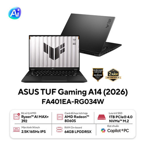Laptop ASUS TUF Gaming A14 FA401EA-RG034W (Ryzen™ AI MAX+ 392 | 64GB | 1TB | AMD Radeon 8060S  | 14inch WQXGA 165Hz | Win 11 | Xám)