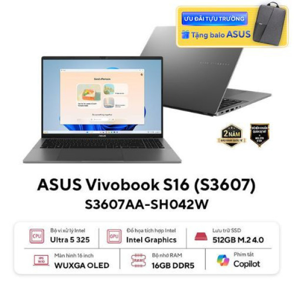 Laptop Asus Vivobook S16 S3607AA-SH042W (Ultra 5 325 | 16GB | 512GB | Intel® Graphics | 16 inch WUXGA OLED | Win 11 | Xám)