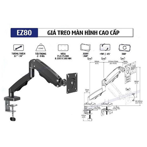 Giá treo màn hình Ergotek EZ80 (1 màn hình | 17inch - 34inch | Đen | Gắn bàn)