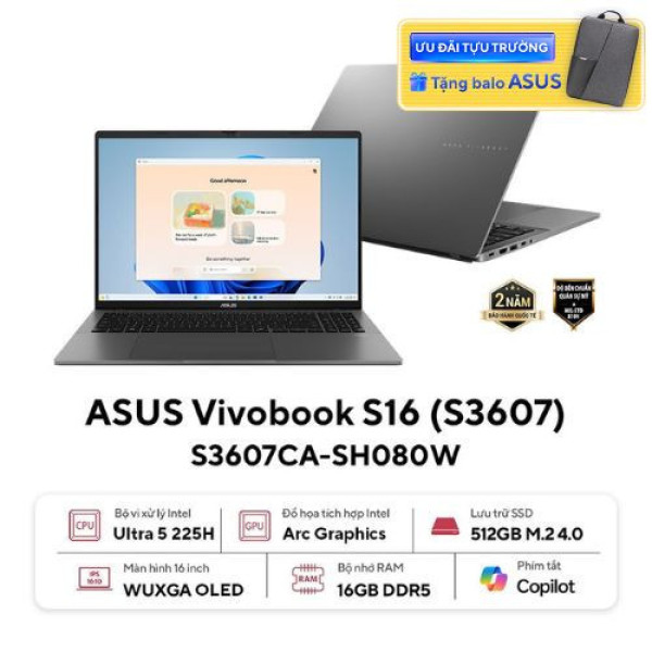 Laptop Asus Vivobook S16 S3607CA-SH080W (Ultra 5 225H | 16GB | 512GB | Intel® Arc™ Graphics | 16 inch WUXGA OLED | Win 11 | Xám)