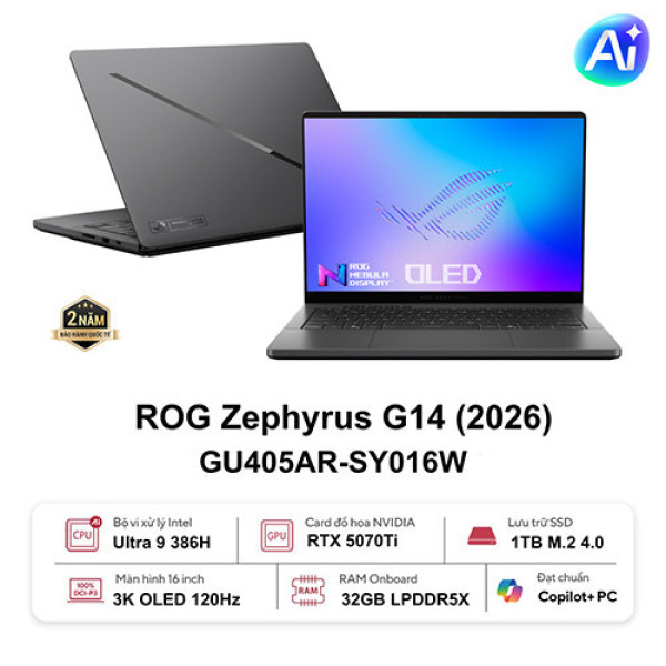 Laptop ASUS ROG Zephyrus G14 GU405AR-SY016W (Ultra 9 386H | 32GB | 1TB | RTX 5070 Ti 12GB | 14.0 inch 3K OLED 120Hz | Win 11 I Xám)