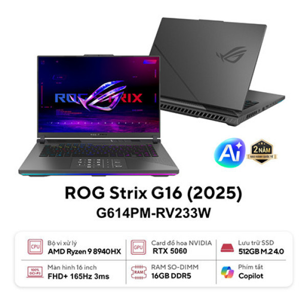 Laptop ASUS ROG Strix G16 G614PM-RV233W (Ryzen™ 9-8940HX | 16GB | 512GB | RTX 5060 8GB | 16.0 inch WUXGA 165Hz | Win 11 | Xám)