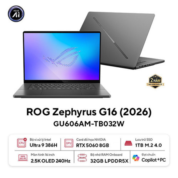 Laptop Asus ROG Zephyrus G16 GU606AM-TB032W (Ultra 9 386H | 32GB | 1TB | RTX 5060 8GB | 16inch WQXGA OLED 240Hz | Win 11 | Xám)