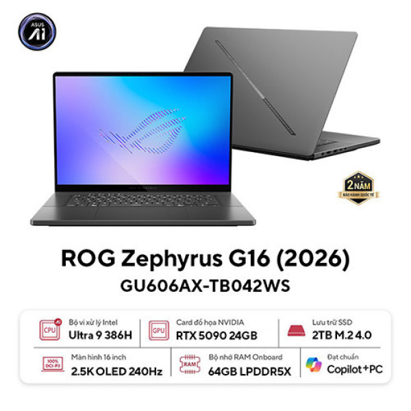 Laptop Asus ROG Zephyrus G16 GU606AX-TB042WS (Ultra 9 386H | 64GB | 2TB | RTX 5090 24GB | 16inch WQXGA OLED 240Hz | Win 11 | Office | Xám)