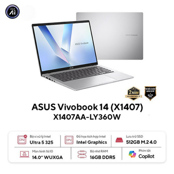 Laptop Asus Vivobook 14 X1407AA-LY360W (Ultra 5 325 | 16GB | 512GB | Intel® Graphics | 14 inch WUXGA | Win 11 | Bạc)