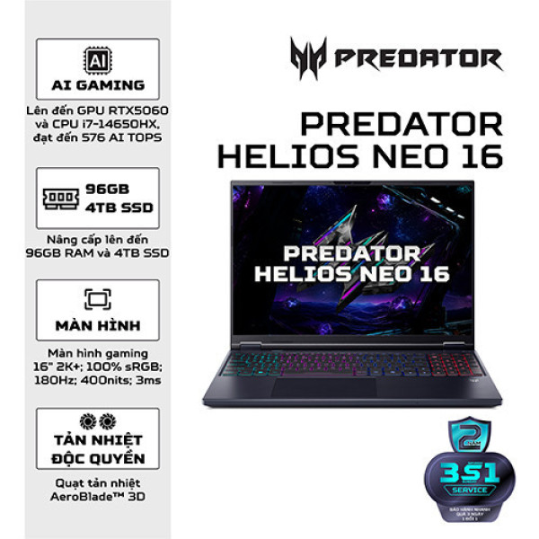 Laptop Acer Gaming Predator Helios 16 PHN16-I31-74MN NH.U4SSV.002 (Core™ i7-14650HX | 32GB | 512GB | RTX™ 5050 8GB | 16 inch FHD+ 180Hz | Win 11 | Đen)