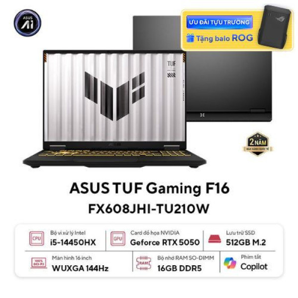 Laptop ASUS TUF Gaming F16 FX608JHI-TU210W (Core™ i5-14450HX | 16GB | 512GB | RTX 5050 8GB | 16inch WUXGA 144Hz | Win 11 | Xám)