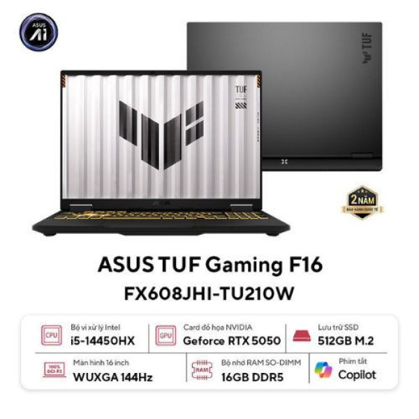 Laptop ASUS TUF Gaming F16 FX608JHI-TU210W (Core™ i5-14450HX | 16GB | 512GB | RTX 5050 8GB | 16inch WUXGA 144Hz | Win 11 | Xám)