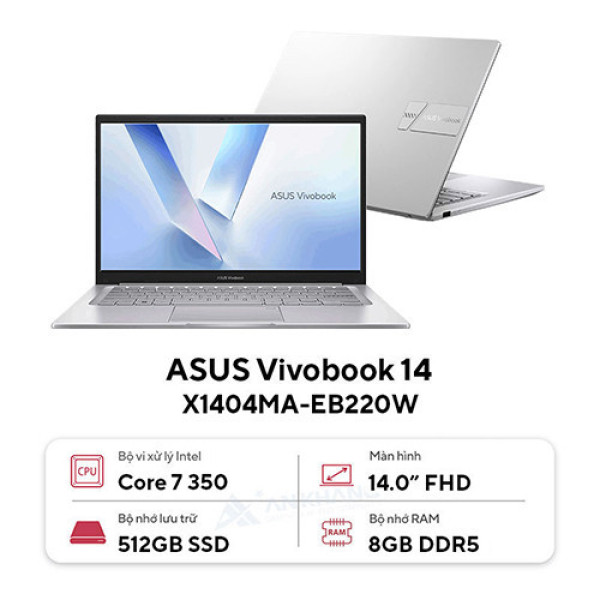 Laptop Asus Vivobook 14 X1404MA-EB220W (Core 7 350 | 8GB | 512GB | Intel® Graphics | 14 inch FHD | Win 11 | Bạc)