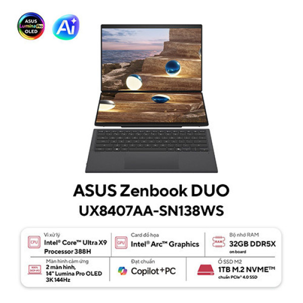 Laptop Asus Zenbook Duo UX8407AA-SN138WS (Ultra X9 388H | 32GB | 1TB |  Intel® Arc™ Graphics | 14 inch 3K OLED 144Hz | Win 11 | Office | Xám)