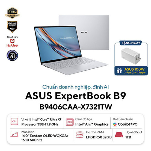 Laptop Asus ExpertBook B9 B9406CAA-X7321TW (Ultra X7 358H | 32GB | 1TB | Intel® Arc™ Graphics | 14 inch 3K Tandem OLED | Cảm ứng | Win 11 | Xám)