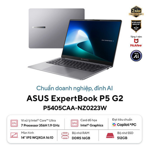 Laptop ASUS ExpertBook P5 P5405CAA-NZ0223W (Ultra 7 356H | 16GB | 512GB | Intel® Graphics | 14 inch WQXGA | Win 11 | Xám)