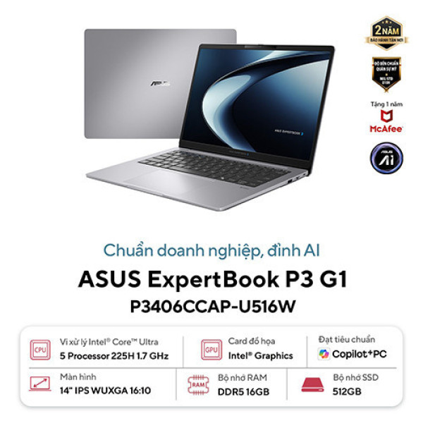Laptop ASUS ExpertBook P3 G1 P3406CCAP-U516W (Ultra 5 225H | 16GB | 512GB |  Intel® Graphics | 14.0inch WUXGA | Win 11 | Xám)