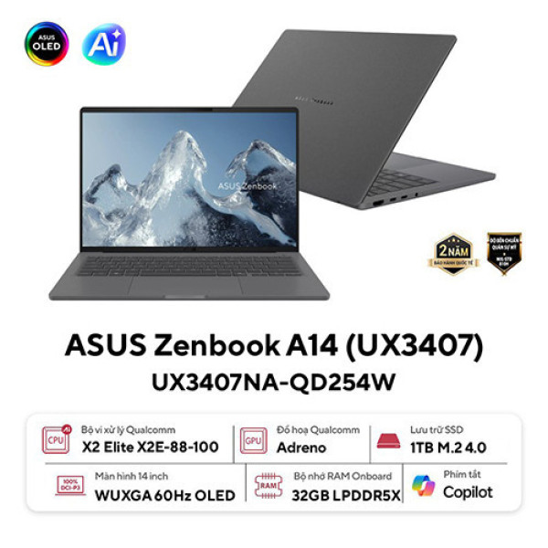Laptop ASUS Zenbook A14 UX3407NA-QD254W (Snapdragon X2 Elite X2E-88-100 | 32GB | 1TB | Qualcomm® Adreno™ GPU | 14inch WUXGA OLED | Win 11 | Xám)
