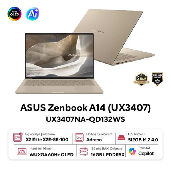 Laptop ASUS Zenbook A14 UX3407NA-QD132WS (Snapdragon X2 Elite X2E-88-100 | 16GB | 512GB | Qualcomm® Adreno™ GPU | 14inch WUXGA OLED | Win 11 | Office | Be)