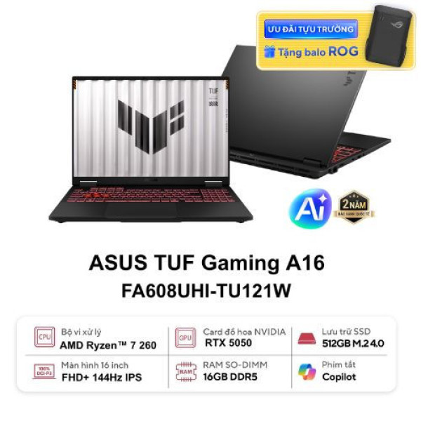 Laptop ASUS TUF Gaming A16 FA608UHI-TU121W (Ryzen 7 260 | 16GB | 512GB | RTX 5050 | 16inch FHD+ 144Hz | Win 11 | Xám)