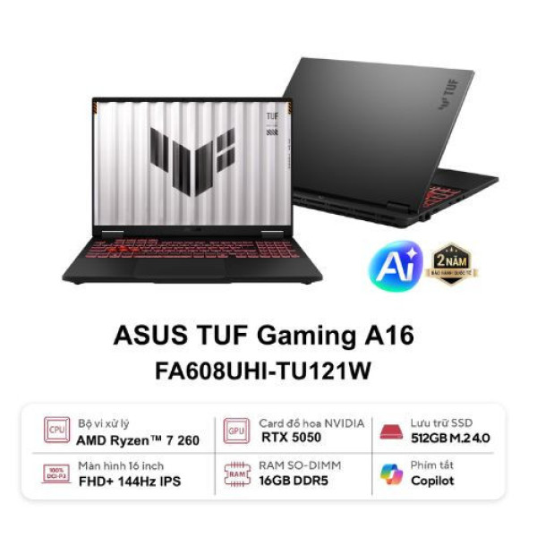 Laptop ASUS TUF Gaming A16 FA608UHI-TU121W (Ryzen 7 260 | 16GB | 512GB | RTX 5050 | 16inch FHD+ 144Hz | Win 11 | Xám)