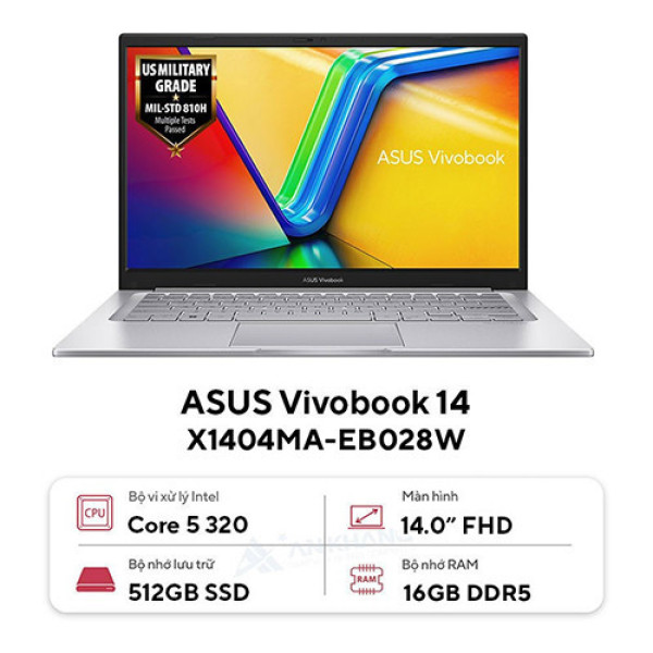 Laptop Asus Vivobook 14 X1404MA-EB028W (Core 5 320 | 16GB | 512GB | Intel® Graphics | 14 inch FHD | Win 11 | Bạc)