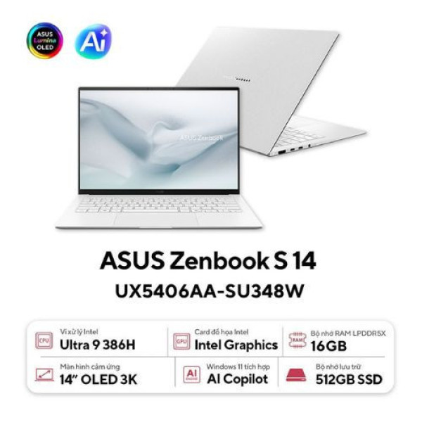 Laptop ASUS Zenbook S 14 UX5406AA-SU348W (Ultra 9 386H | 16GB | 512GB | Intel® Graphics | 14 inch 3K OLED 120Hz | Win 11 | Trắng)