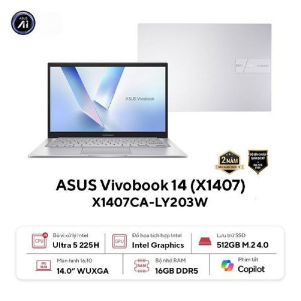 Laptop Asus Vivobook 14 X1407CA-LY203W (Ultra 5 225H | 16GB | 512GB | Intel® Graphics | 14 inch WUXGA | Win 11 | Bạc)