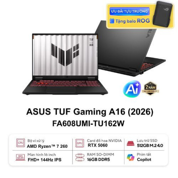 Laptop ASUS TUF Gaming A16 FA608UMI-TU162W (Ryzen 7 260 | 16GB | 512GB | RTX 5060 | 16inch FHD+ 144Hz | Win 11 | Xám)
