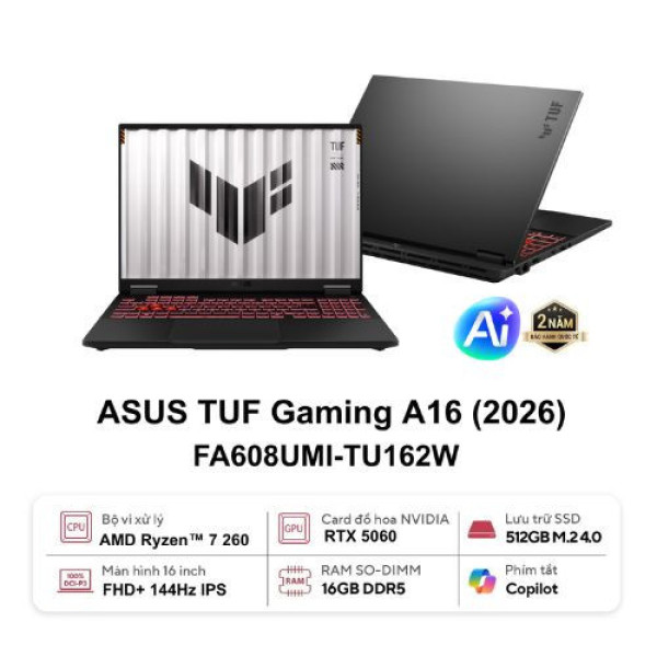Laptop ASUS TUF Gaming A16 FA608UMI-TU162W (Ryzen 7 260 | 16GB | 512GB | RTX 5060 | 16inch FHD+ 144Hz | Win 11 | Xám)