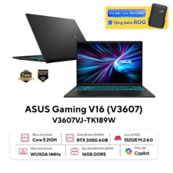 Laptop ASUS Gaming V16 V3607VJ-TK189W (Core™ 5 210H | 16GB | 512GB | RTX 3050 6GB | 16inch WUXGA 144Hz | Win 11 | Đen)