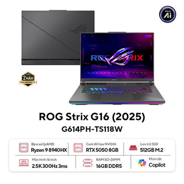 Laptop ASUS ROG Strix G16 G614PH-TS118W (Ryzen™ 9-8940HX | 16GB | 512GB | RTX 5050 8GB | 16.0 inch WQXGA 300Hz | Win 11 | Xám)