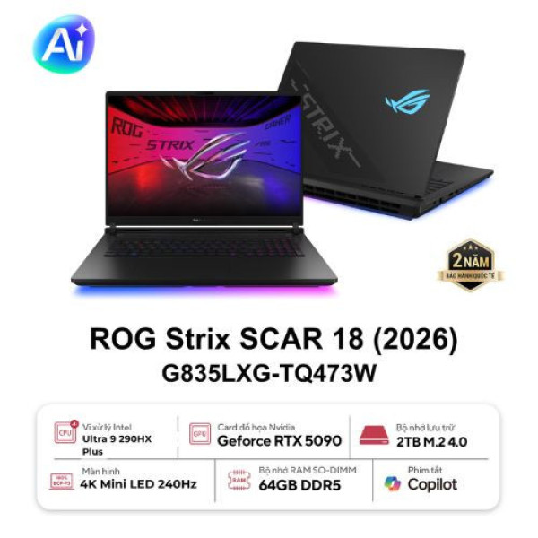 Laptop ASUS ROG Strix SCAR 18 G835LXG-TQ473W (Ultra 9 290HX Plus | 64GB | 2TB | RTX 5090 24GB | 18 inch WQUXGA MiniLED 240Hz | Win 11 | Đen)