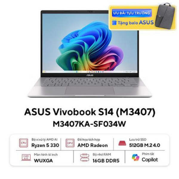 Laptop ASUS Vivobook S14 M3407KA-SF034W ( Ryzen AI 5 330 | 16GB | 512GB | AMD Radeon™ Graphics | 14inch WUXGA OLED | Win 11 | Bạc)