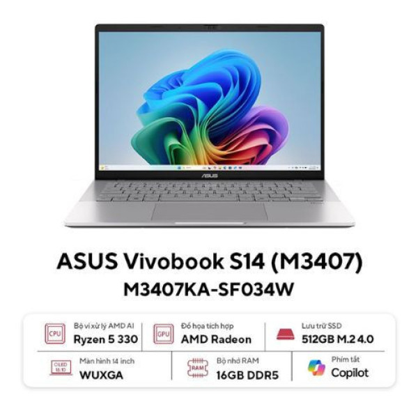 Laptop ASUS Vivobook S14 M3407KA-SF034W ( Ryzen AI 5 330 | 16GB | 512GB | AMD Radeon™ Graphics | 14inch WUXGA OLED | Win 11 | Bạc)