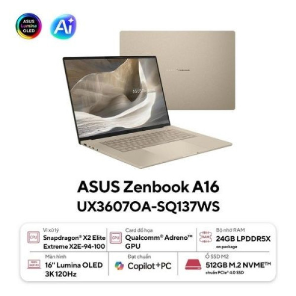 Laptop ASUS Zenbook A16 UX3607OA-SQ137WS (Snapdragon X2 Elite Extreme X2E-94-100 | 24GB | 512GB | Qualcomm® Adreno™ GPU | 16inch 3K OLED 120Hz | Win 11 | Office | Be)