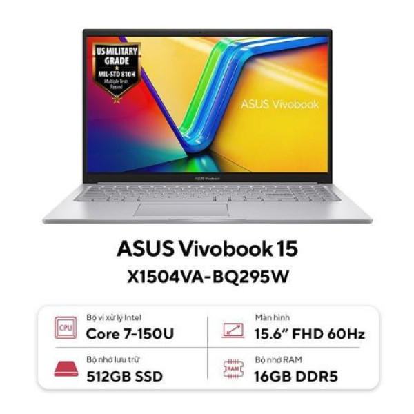 Laptop Asus Vivobook 15 X1504VA-BQ295W (Core™ 7 150U | 16GB | 512GB | Intel® Graphics | 15.6inch FHD | Win 11 | Bạc)