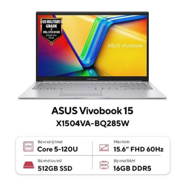 Laptop ASUS Vivobook 15 X1504VA-BQ285W (Core™ 5 120U | 16GB | 512GB | Intel® Graphics | 15.6inch FHD | Win 11 | Bạc)