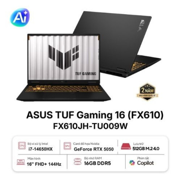 Laptop ASUS TUF Gaming 16 FX610JH-TU009W (Core i7-14650HX | 16GB | 512GB | RTX 5050 8GB | 16 inch WUXGA 144Hz | Win 11 | Đen)