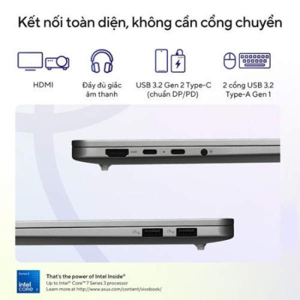 Laptop ASUS Vivobook S16 S5652MA-TK094W (Core™ 7 350 | 16GB | 512GB | Intel® Graphics | 16 inch WUXGA | Win 11 | Bạc)