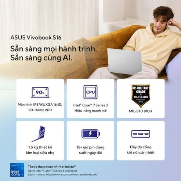 Laptop ASUS Vivobook S16 S5652MA-TK094W (Core™ 7 350 | 16GB | 512GB | Intel® Graphics | 16 inch WUXGA | Win 11 | Bạc)