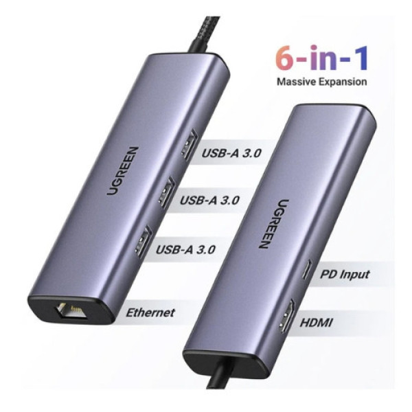 Bộ chuyển đổi USB-C sang 3*USB 3.0+RJ45+HDMI+PD hỗ trợ 4K Ugreen (15598)
