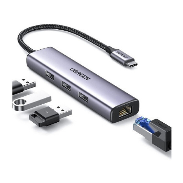 Bộ chia Hub USB-C ra 3 cổng USB 3.0 và cổng mạng dài 25cm Ugreen (60600)