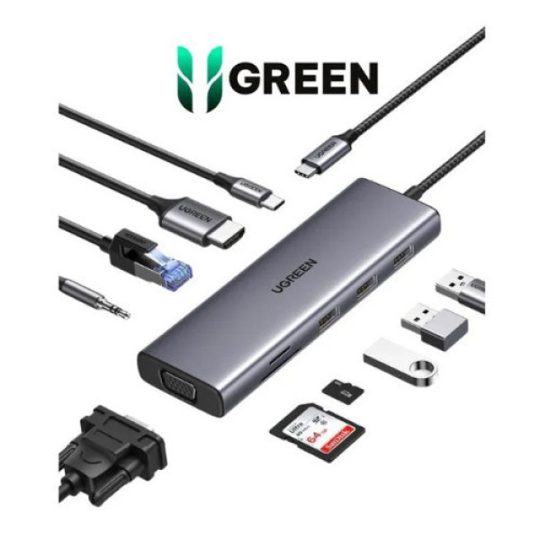 Bộ chuyển đổi USB-C sang 3*USB 3.0+HDMI+VGA+RJ45+SD/TF+3.5mm+PD Ugreen (15601)