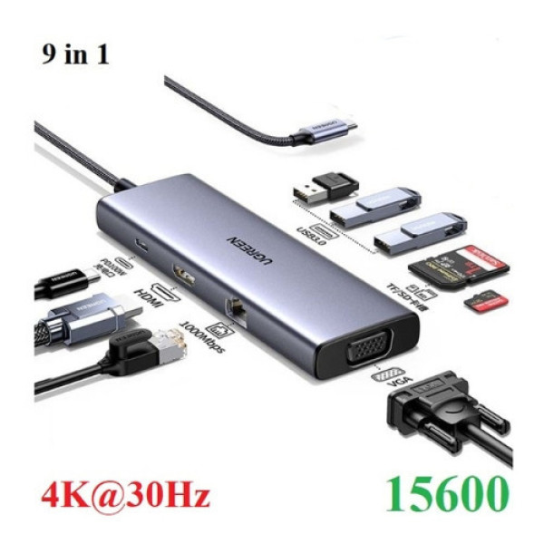 Bộ chuyển đổi USB-C sang USB-C PD+3*USB 3.0+RJ45+HDMI hỗ trợ 4k+VGA+SD/TF Ugreen (15600)