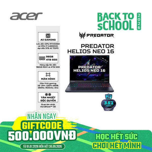 Laptop Acer Gaming Predator Helios Neo PHN16-I31-91K5 NH.U4QSV.002 (Core™ i9-14900HX | 32GB | 1TB | RTX™ 5070 8GB | 16 inch 2K 180Hz | Win 11 | Đen)