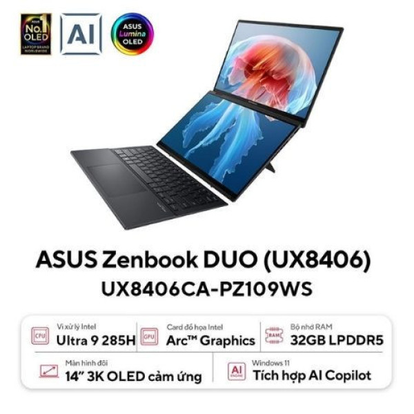 Laptop ASUS Zenbook Duo UX8406CA-PZ109WS (Ultra 9 285H | 32GB | 1TB | Intel® Arc™ Graphics | 14.0inch 3K OLED 120Hz | Bút cảm ứng | Bàn phím | Win 11 | Office | Xám)