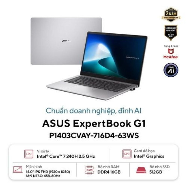 Laptop ASUS ExpertBook P1 P1403CVAY-716D4-63WS (Core 7 240H | 16GB | 512GB | Intel® Graphics | 14inch FHD | Win 11 | Office | Xám)