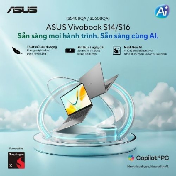 Laptop ASUS Vivobook S16 S5608QA-MB354W (Snapdragon® X  X1 26 101 | 16GB | 512GB | Qualcomm® Adreno™ GPU | 16 inch WUXGA | Win 11 | Xám)