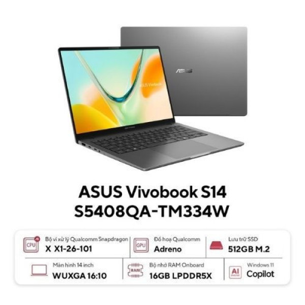 Laptop ASUS Vivobook S14 S5408QA-TM334W (Snapdragon X X1-26-101 | 16GB | 512GB | Qualcomm Adreno GPU | 14inch WUXGA | Win 11 | Bạc)