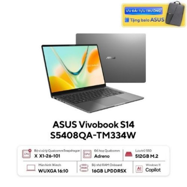 Laptop ASUS Vivobook S14 S5408QA-TM334W (Snapdragon X X1-26-101 | 16GB | 512GB | Qualcomm Adreno GPU | 14inch WUXGA | Win 11 | Bạc)